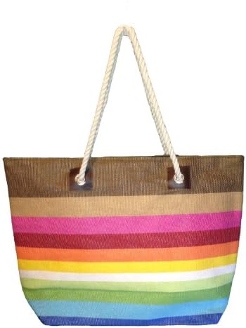 Large Stripe Straw Look Beach Bag Tote - 21"x15"x6" (Brite Stripes)