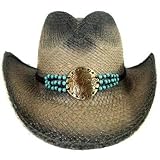 TWO TONE STRAW TURQUOISE & BRASS MEDALLION COWBOY HAT