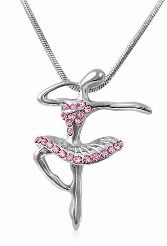 Elegant Pink Crystal Dancing Ballerina Ballet Charm Silver Tone Pendant Necklace - Girls Teens and Women