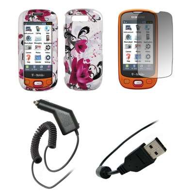 Premium White and Purple Flowers Design Snap-On Cover Hard Case Cell Phone Protector + Crystal Clear LCD Screen Protector + Rapid Car Charger + USB Data Charge Sync Cable for Samsung Highlight T749 [Accessory Export Packaging]