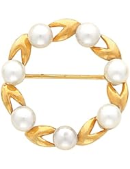 14K Yellow Gold Akoya Cultured White Pearl Circle Brooch -- LIFETIME WARRANTY