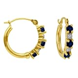 14k Yellow Gold Sapphire and Diamond Hoop Earrings