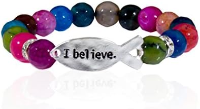 Believe In Inspirational Silver Multi Color Agate Beads Bracelet with Gift Box