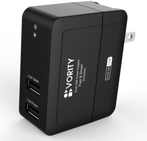 Dual USB Wall Charger 3.4A/17Watts [Black] 2.4A/12W+1.0A/5W Universal Portable Travel AC Power Adaptor Swivel US Plug For Apple iPad Air/4/3/2, iPhone 6/5S/5C/5/4S/4/3GS, iPod, Samsung Galaxy Tab 3/2, Note 3/2, S 4/3/2, Motorola Droid Rarz Maxx, Nokia, HTC, Android, Blackberry &amp; Windows Phones &amp; Tablets, PSP, GPS, MP3/MP4, Cameras, Bluetooth Speakers/Headset, Battery Cases, Power Banks &amp; Most of USB2.0/USB3.0 Powered Devices. Vority Fast &amp; Smart DUO34AC - 2 Years Warranty!