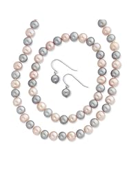 Sterling Silver Pink/Grey 7-8mm Fw Cultured Potato Pearl 3 Piece Gift Set