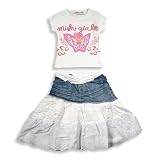 Mishmish - Girls Short Sleeve Skirt Set, White, Pink, Denim Blue