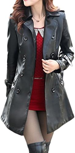 Womens Double-breasted Faux Leather Long Moto Biker Jacket With Belt