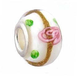 Pandora Style Charm Bead (Z141) Murano Style Lampwork Glass (14mm x 10mm) (fits Troll too) ~ White with Copper Stripe and Pink Swirls