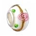 Pandora Style Charm Bead (Z141) Murano Style Lampwork Glass (14mm x 10mm) (fits Troll too) ~ White with Copper Stripe and Pink Swirls