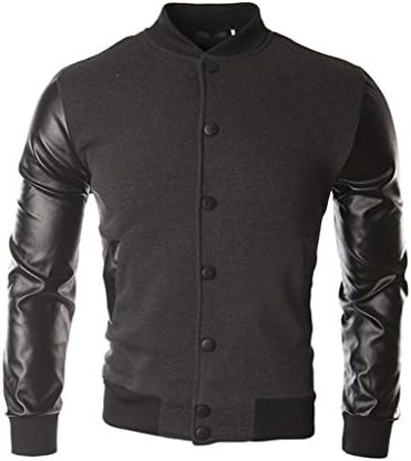 Chantye Men's Stand-Collar PU Leather Jacket Baseball Uniform Coat Dark Gray