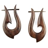 Hand Carved Sono Wood Tribal Fish Hook With Horn Pin Earrings