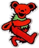 Grateful Dead - Medium Red Jerry Bear with Green Necklace - Embroidered Iron On or Sew On Patch