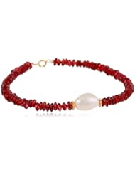 Gemstone Rondelle with White Baroque Freshwater Cultured Pearl and Gold over Silver Clasp Bracelet, 7.5"