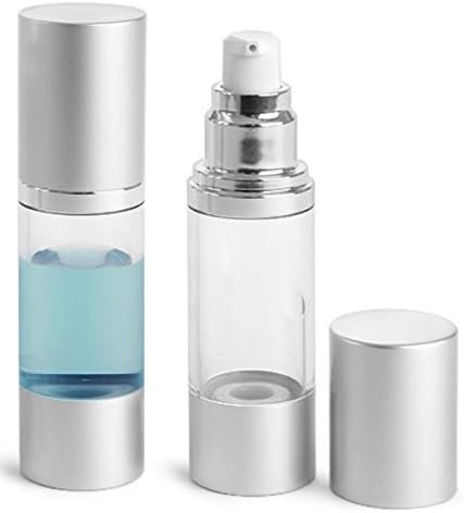 Airless Pump Bottles QTY(2) - Clear Body/Silver Matte Cap 15ml, .5oz.