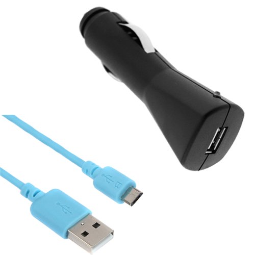 EZOPower Blue 6Ft Hi-Speed Micro USB 2-in-1 Sync and Charging Data Cable + USB Car Charger Adapter for Motorola Moto E (2nd gen.), Moto G (2nd gen.), Moto X (2nd gen.) Cellphone Smartphone and more