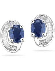 0.16 Cts Diamond & 0.85 Cts Blue Sapphire Earrings in 18K White Gold