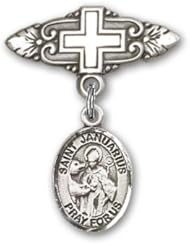 Sterling Silver Baby Badge with St. Januarius Charm and Badge Pin with Cross