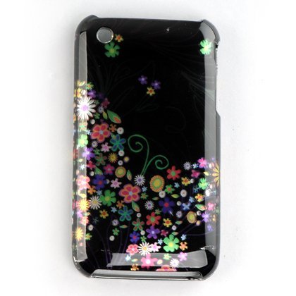 Apple iPhone 3G 3G-s Premium Colorful Flowers Design on Black Snap on Hard Plastic Case