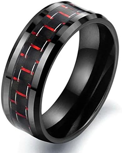 8MM Men's Titanium Ring Wedding Band Black Plated with Black and Red Carbon Fiber Inlay and Beveled Edges,Size 9