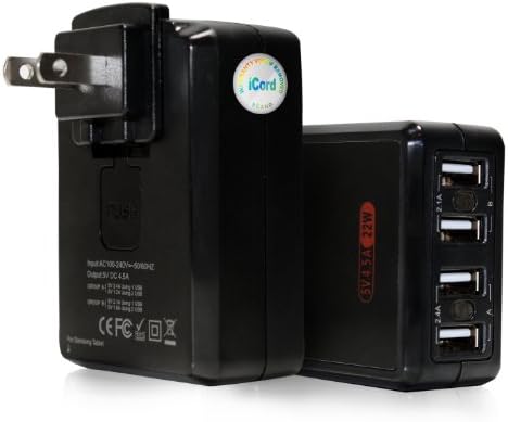 eCord® (4.5 Amps/ 20W/ Turbo Speed) Quad Port USB Turbo Charger for iPod, iPad, iPhone, Android Smartphones, Tablets and Other USB Devices - Black