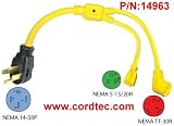 Cordtec 3FT Y Cable Adapter 50A 125/250V Plug to one RV30A 125V connector and another one 15/20A 125V Connector 14963