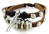 Cross Design Brown Leather Beaded Bracelet, New Studded Design, Adjustable (Foil Gift Box)