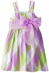 Girls Linen/Polyester/Rayon Plaid Print Shirred   Dress With a Bow(s)