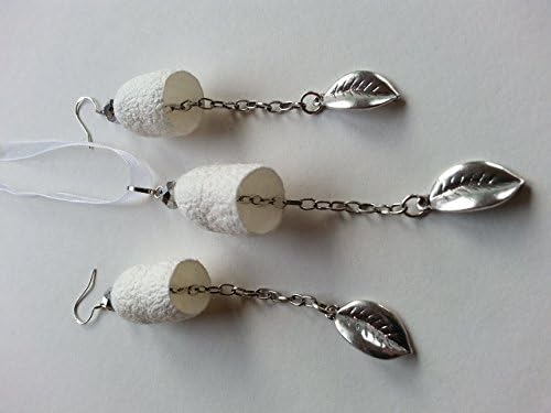 Silk cocoons long dangle drop silver sterling hooks earrings and pendant with metal chains and leaves, natural creamy white color, gift wrapped