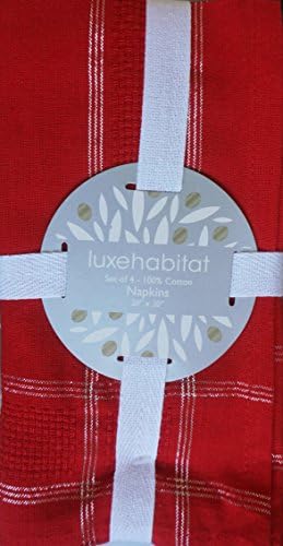 Luxehabitat Set of 4 Fabric Cotton Christmas Holiday Napkins Thin Silver Tinsel Metallic Threading Stripes on a Solid Red Background 20 Inches by 20 Inches