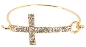 Gold with Clear Iced Out Cross Metal Bangle Bracelet