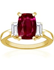 14K Yellow Gold Cushion Cut Ruby Three Stone Ring (GIA Certificate)