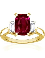 18K Yellow Gold Cushion Cut Ruby Three Stone Ring (GIA Certificate)