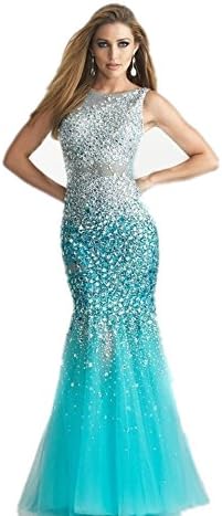 EnjoyBuys Women's Sexy Shining Crystals Backless Tulle Mermaid Long Prom Dress Evening Gowns (US 2, Blue)