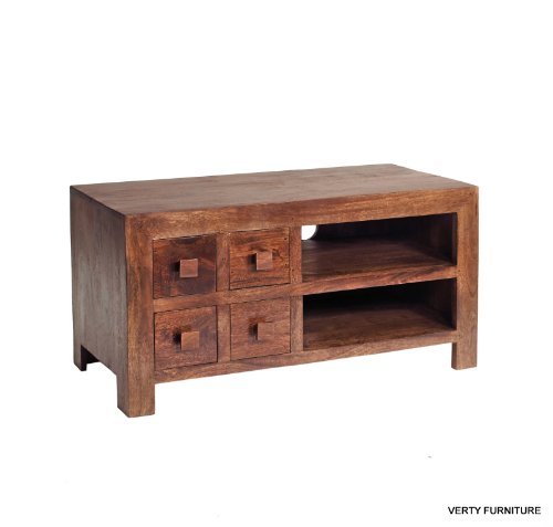 MANGO DAKOTA CUBE HARDWOOD TV VIDEO CABINET WITH 4 DRAWERS INDIAN FURNITURE