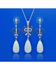 Nickel Free Sterling Silver Pendant & Earring Sets White Teardrop On A Black And Clear CZ ?Ribbon Set