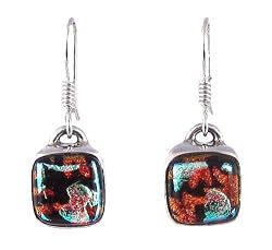 Earrings - XE-18 - Genuine Handmade Dichroic Glass Earrings - French Wires - Square Shape ~ All Findings and Earring wires are made of .925 Sterling Silver