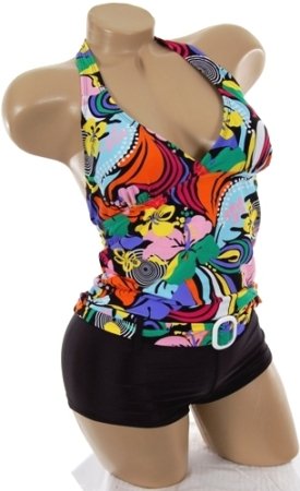 Sexy Bathing Suit Multi Color Floral Pattern Swimsuit 2pc Halter Top Tankini Boyshorts With Belt