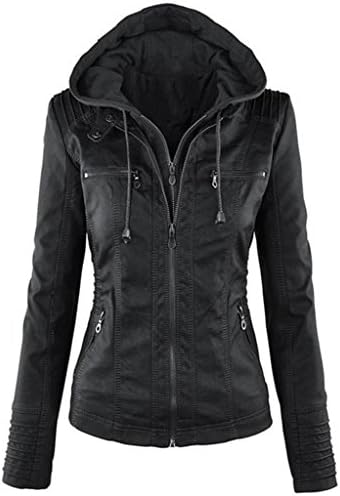 Roundshop Women's Fashion Hooded Faux Leather Motorcycle Jacket Black L