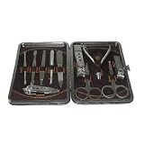 11 PIECE BEAUTY / GROOMING SET: Stainless Steel Eyebrow Shaping & Nail Beauty Kit in Case - Gold & Blue Case
