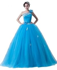 One Shoulder Floor Length Belted Tulle Quinceanera Dress 