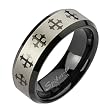 Spikes Mens Tungsten Carbide Black IP Laser Etched Multi Cross Band Ring