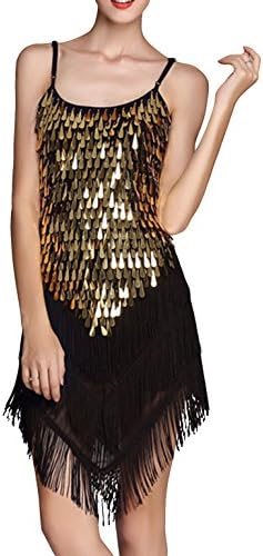 OVENCE Women's Sexy Strap Latin Dance Tassel Sequin Mini Night Dress Gold