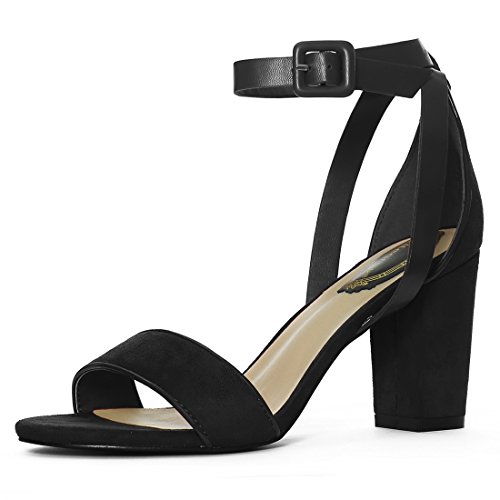 Allegra K Women PU Panel Piped Chunky Heel Ankle Strap Sandals