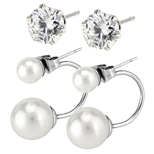 Exchangeable Stainless Steel Bling Bling Double Shell Pearl Cubic Zircon Crystal Front Back Hoop Earrings