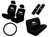 11 Piece NFL Auto Interior Gift Set - Denver Broncos - A Set of 2 Seat Covers, 1 Rear Bench Cover, 1 Steering Wheel, and A Set of 2 Seat Belt Pads