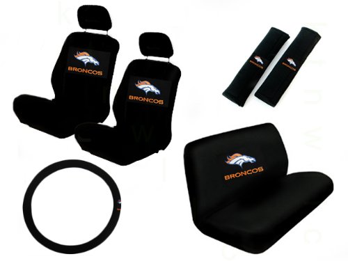 11 Piece NFL Auto Interior Gift Set - Denver Broncos - A Set of 2 Seat Covers, 1 Rear Bench Cover, 1 Steering Wheel, and A Set of 2 Seat Belt Pads