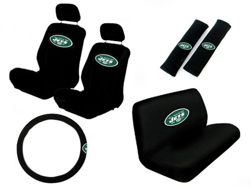 11 Piece NFL Auto Interior Gift Set - New York Jets - A Set of 2 Seat Covers, 1 Rear Bench Cover, 1 Steering Wheel, and A Set of 2 Seat Belt Pads