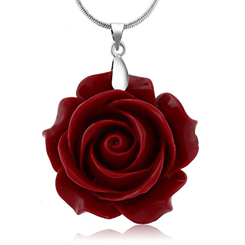 35mm Simulated Red Coral Carved Rose Flower Pendant With 16"+2" Extender Chain