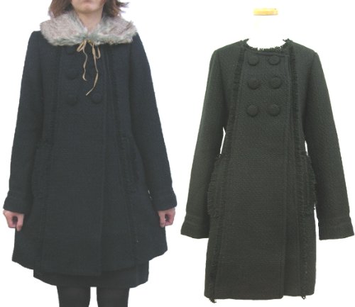 コート ロングコート レディース ツイード ブラック 黒 ウール混　ファーティペット付き