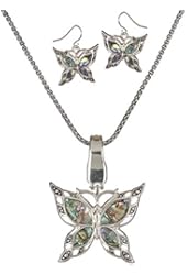 Silver-Tone Green Abalone Filigree Butterfly Magnetic Clasp Pendant Popcorn Chain & Earrings